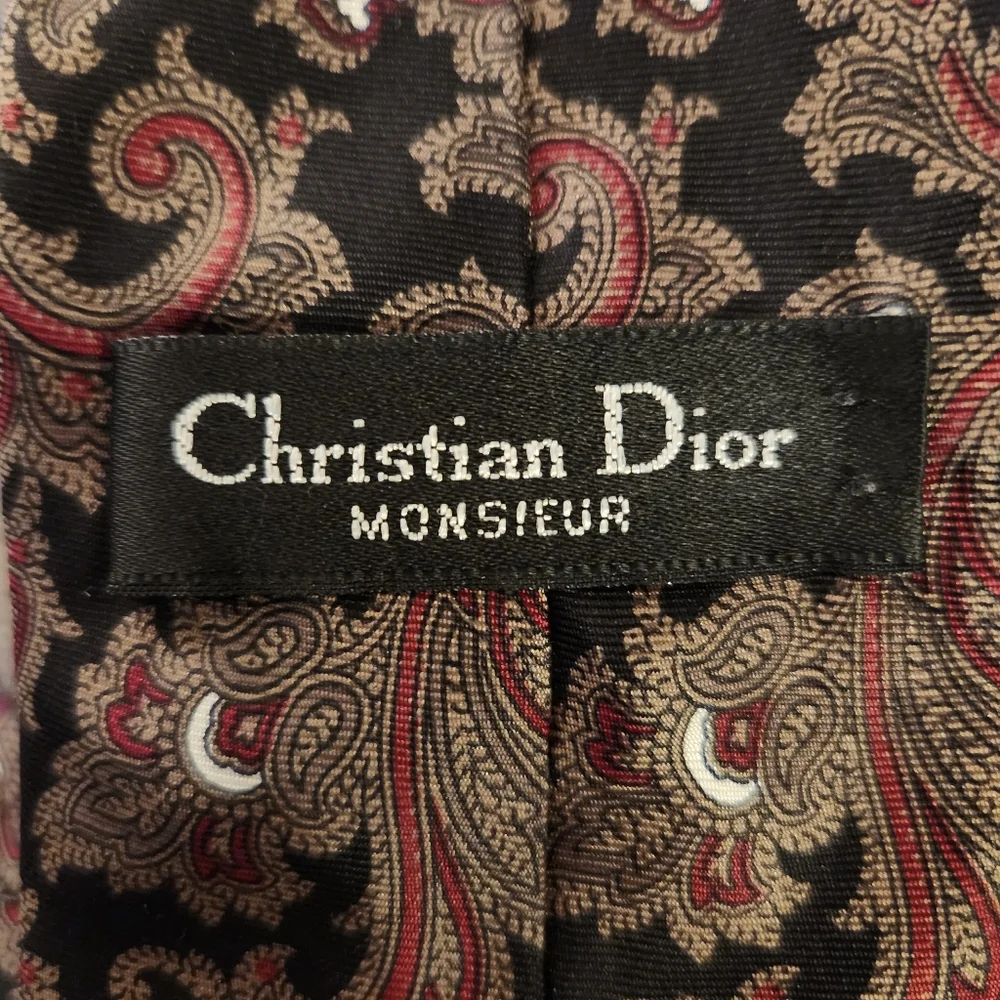 Vintage 80s Christian Dior Silk Black Paisley Tie Red Academia Designer Heritage